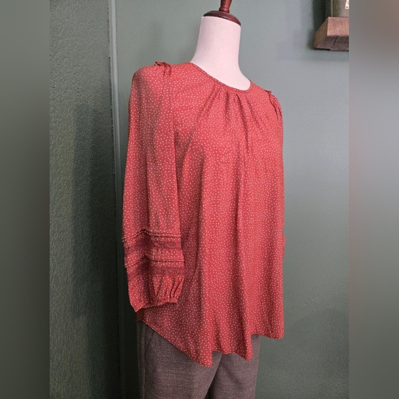 Size Large Lauren Conrad Burnt Umber Lace And Ruffle Trimmed 3/4 Sleeve Blouse - Picture 3 of 9
